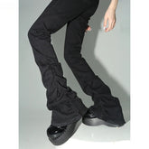 Threebooy Black Ruched Flare Jeans Women Solid Stretch Bootcut Stacked Pants High Rise Trousers Harajuku Goth Grunge Y2k Clothes